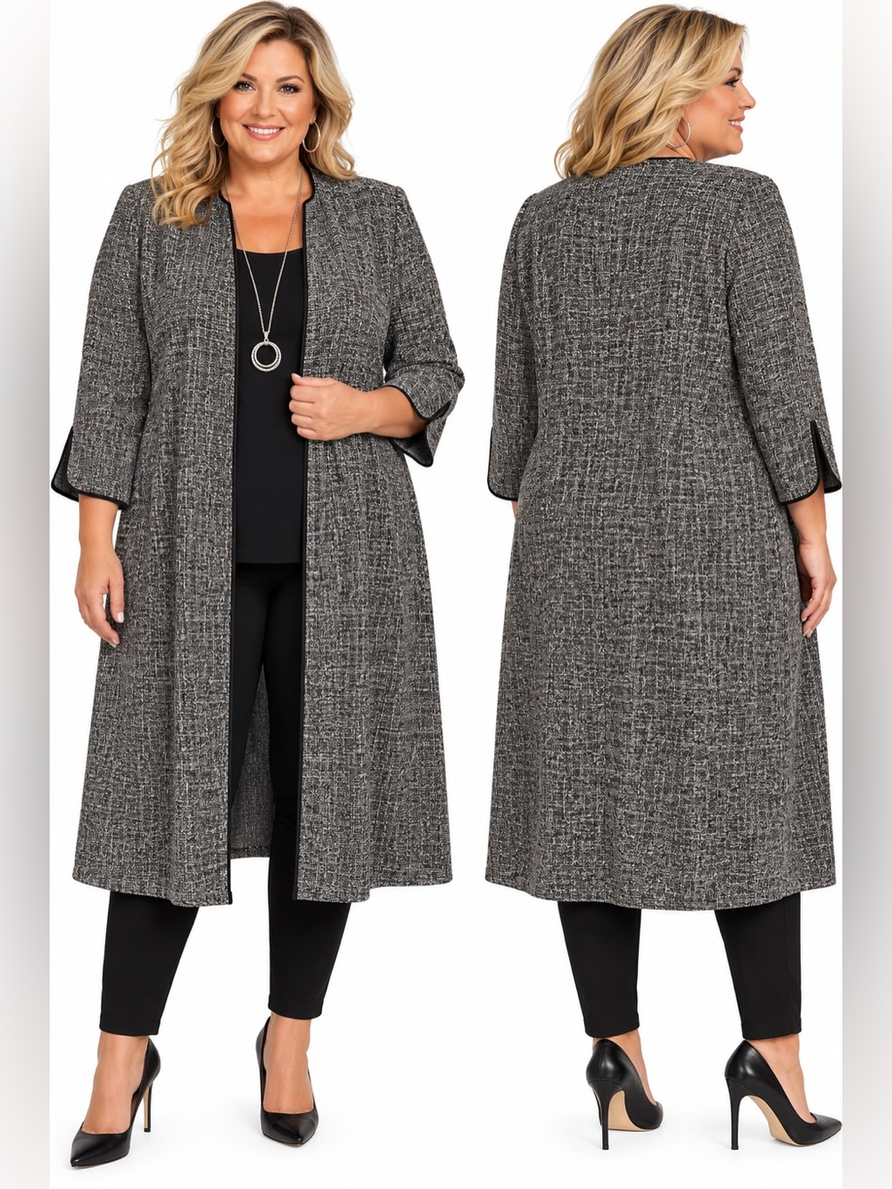 R&M Richards Woman 24W Black Gray Long Duster Jacket Plus Size